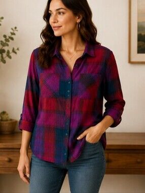 Eddie Bauer Plaid Button-Down Shirt in Purple and Red Fall Casual Cotton Western